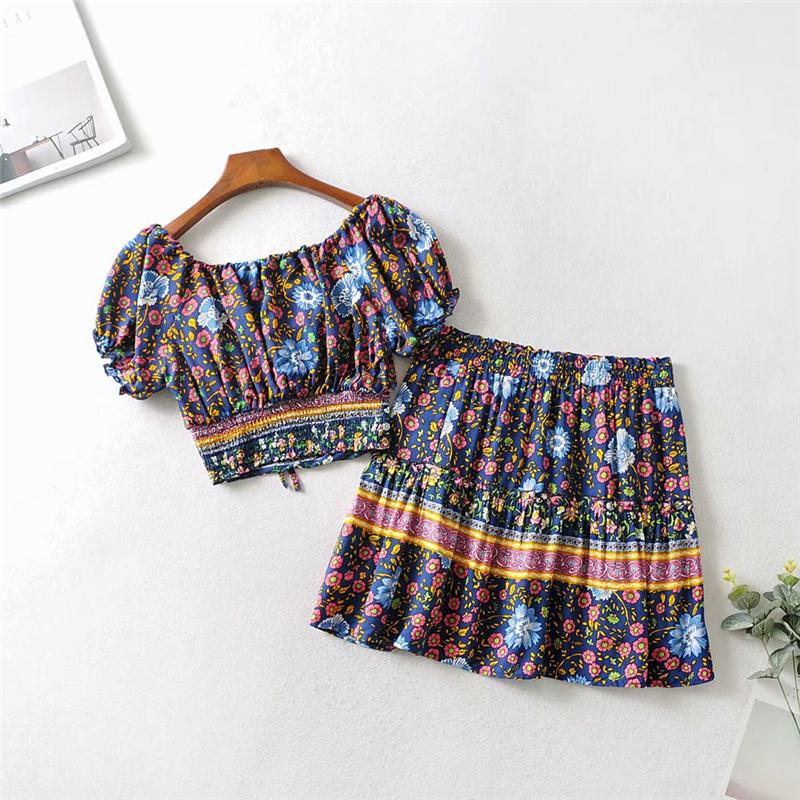 Boho Two Piece Set, Two Piece Skirt Set, Wild Floral in Navy