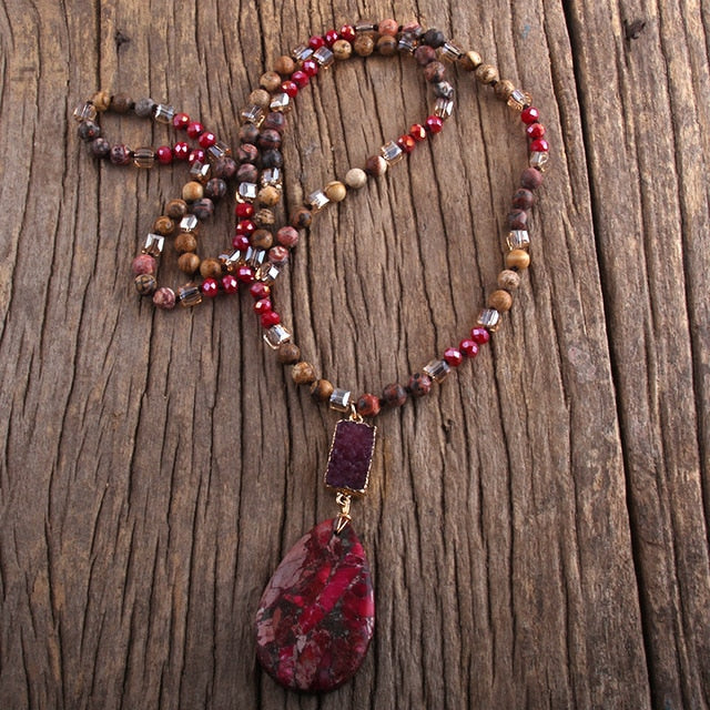 Boho Necklace, RH Agated Crystal Blue Oval Natural Stone