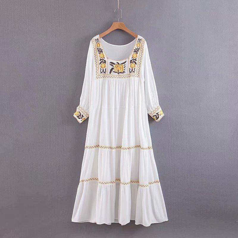 Boho Midi Dress, Embroidered  Dress, Vintage Gown in White