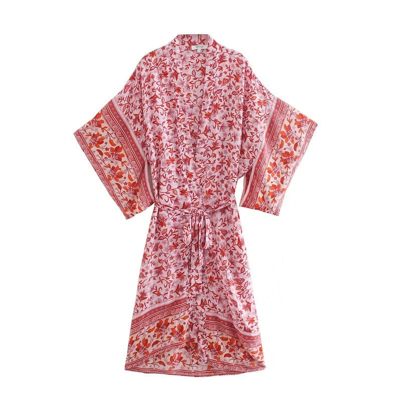 Boho Robe, Kimono Robe,  Beach Cover up, Cherry Blossom in Pink