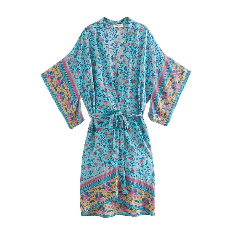 Boho Robe, Kimono Robe,  Beach Cover up,  Cherry Blossom in Blue