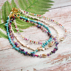 Boho Necklace, Blue Colorful Gold Shell