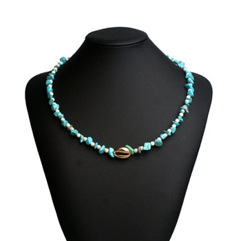 Boho Necklace, Blue Colorful Gold Shell