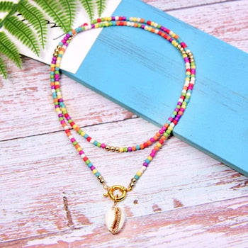 Boho Necklace, Long Blue Hippie Shell
