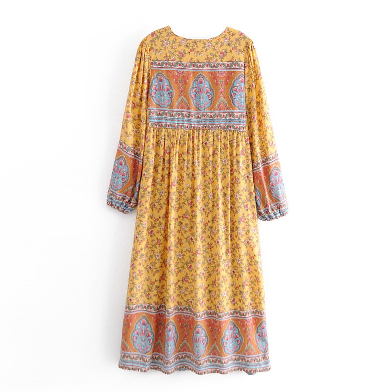 Gown Dress, Boho Maxi Dress, Loose Dress, Bumblebee Yellow Indian Floral