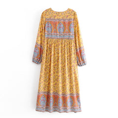 Gown Dress, Boho Maxi Dress, Loose Dress, Bumblebee Yellow Indian Floral