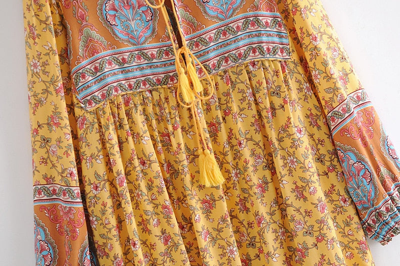 Gown Dress, Boho Maxi Dress, Loose Dress, Bumblebee Yellow Indian Floral