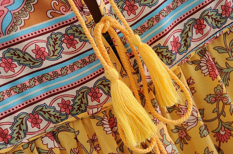 Gown Dress, Boho Maxi Dress, Loose Dress, Bumblebee Yellow Indian Floral