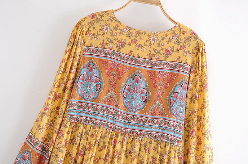 Gown Dress, Boho Maxi Dress, Loose Dress, Bumblebee Yellow Indian Floral