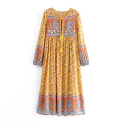 Gown Dress, Boho Maxi Dress, Loose Dress, Bumblebee Yellow Indian Floral