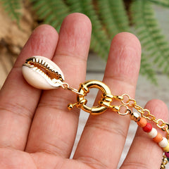 Boho Necklace, Blue Colorful Hippie Gold Shell