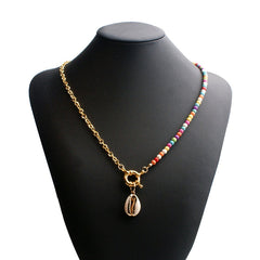 Boho Necklace, Blue Colorful Hippie Gold Shell