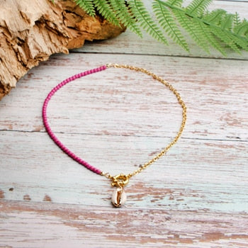 Boho Necklace, Blue Colorful Hippie Gold Shell