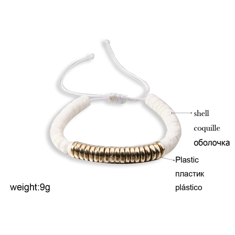 Boho Bracelet, White Blue Colorful Shell Gold
