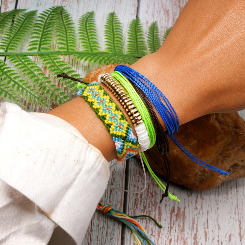 Boho Bracelet, White Blue Colorful Shell Gold
