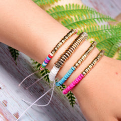 Boho Bracelet, White Blue Colorful Shell Gold
