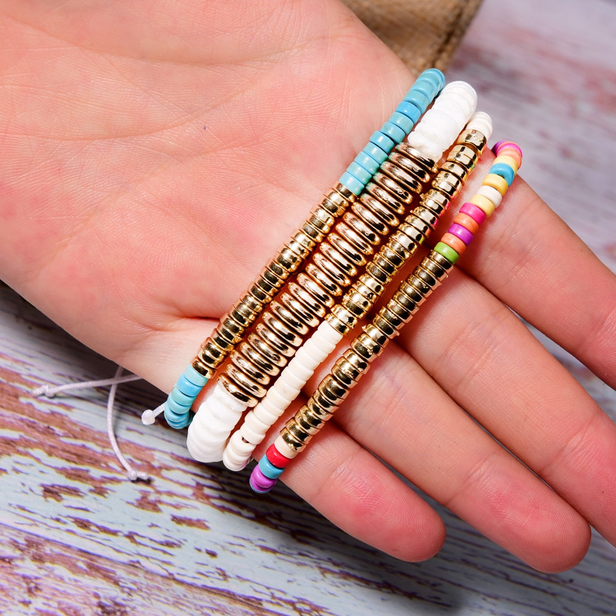 Boho Bracelet, White Blue Colorful Shell Gold