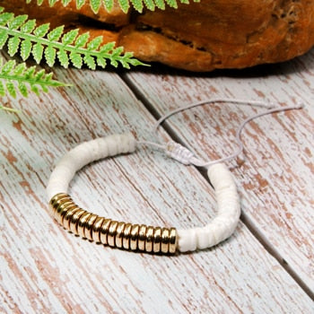 Boho Bracelet, White Blue Colorful Shell Gold
