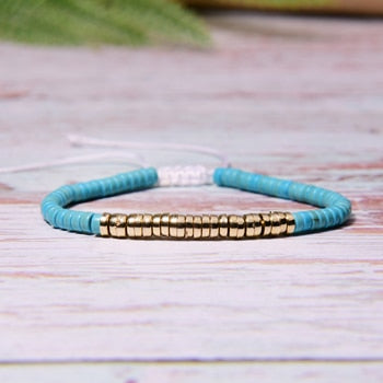 Boho Bracelet, White Blue Colorful Shell Gold
