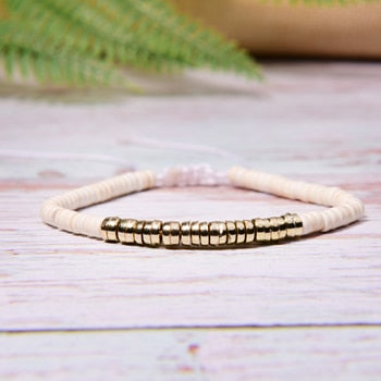 Boho Bracelet, White Blue Colorful Shell Gold