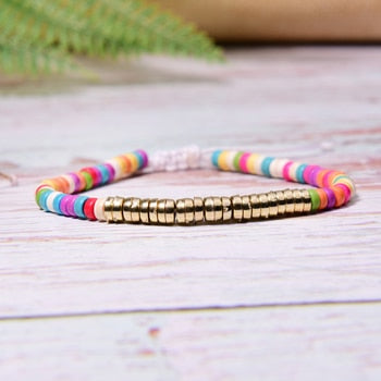 Boho Bracelet, White Blue Colorful Shell Gold
