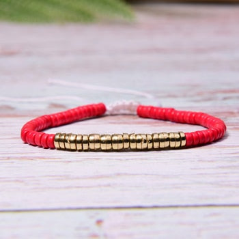 Boho Bracelet, White Blue Colorful Shell Gold