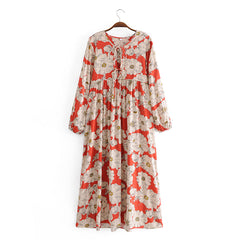Gown Dress, Boho Maxi Dress, Loose Dress, Vintage Rose in Red