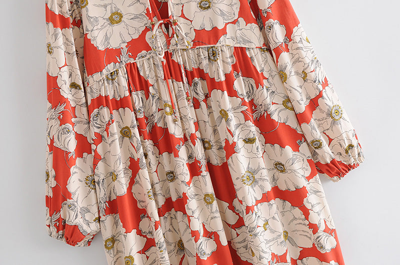 Gown Dress, Boho Maxi Dress, Loose Dress, Vintage Rose in Red