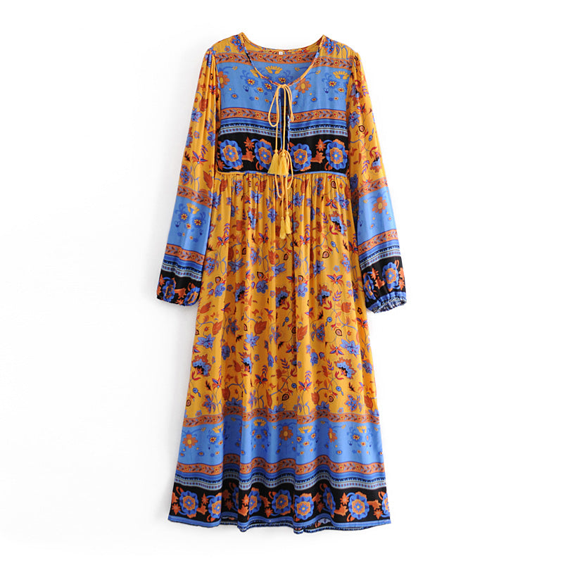 Gown Dress, Boho Maxi Dress, Loose Dress, Blue Yellow Indian Floral