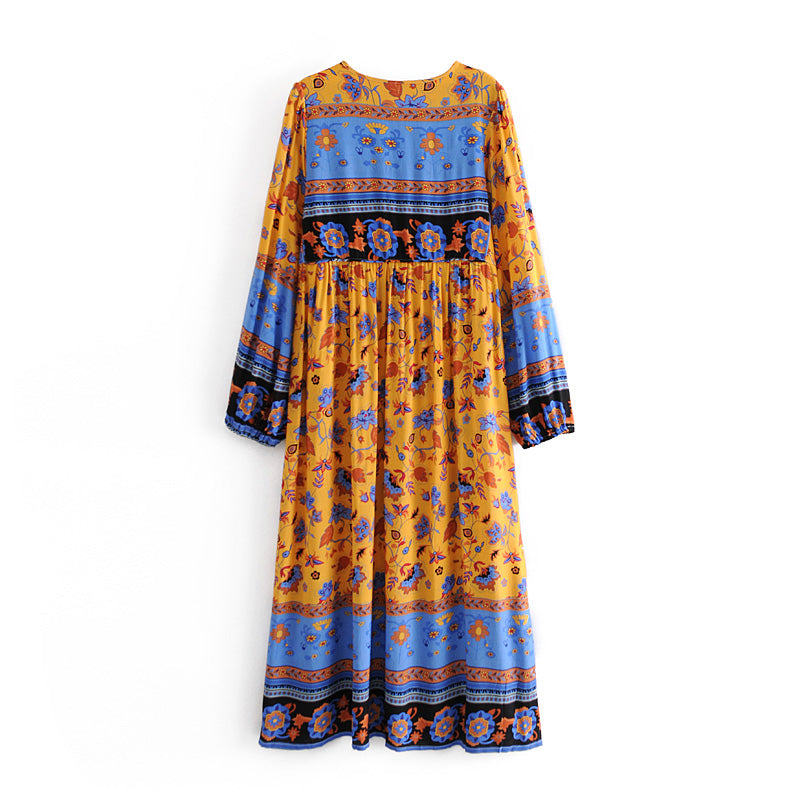 Gown Dress, Boho Maxi Dress, Loose Dress, Blue Yellow Indian Floral