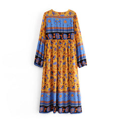 Gown Dress, Boho Maxi Dress, Loose Dress, Blue Yellow Indian Floral