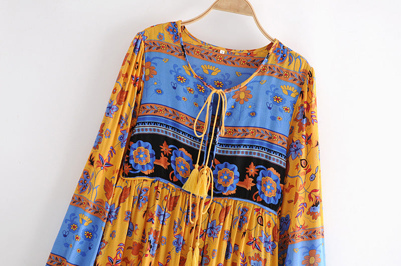 Gown Dress, Boho Maxi Dress, Loose Dress, Blue Yellow Indian Floral