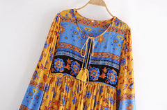 Gown Dress, Boho Maxi Dress, Loose Dress, Blue Yellow Indian Floral