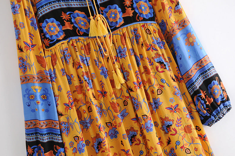 Gown Dress, Boho Maxi Dress, Loose Dress, Blue Yellow Indian Floral