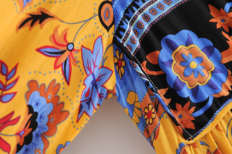 Gown Dress, Boho Maxi Dress, Loose Dress, Blue Yellow Indian Floral