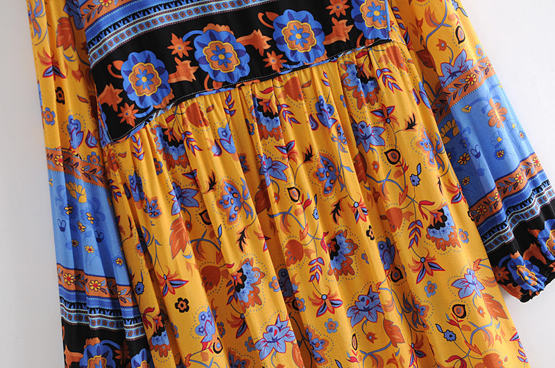 Gown Dress, Boho Maxi Dress, Loose Dress, Blue Yellow Indian Floral