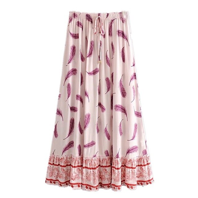 Boho Skirt, Hippie Skirts, Maxi Skirt, Feather in Pink