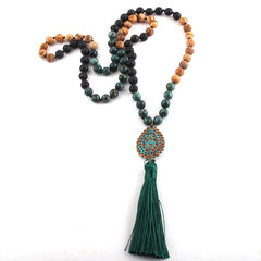 Boho Necklace, RH Amazonite Jasper, Tassel Brown Natural Stone
