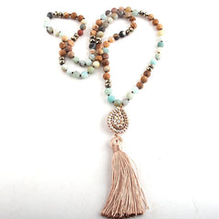 Boho Necklace, RH Amazonite Jasper, Tassel Brown Natural Stone