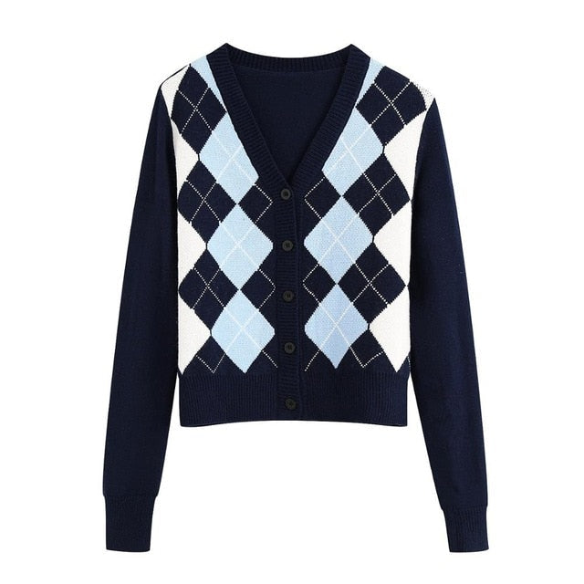 Boho Cardigan, Retro Knit Cardigan, Blue Check
