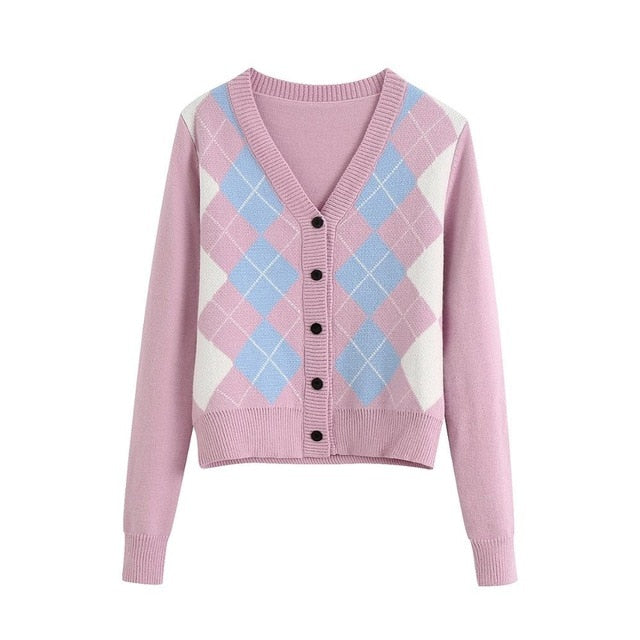 Boho Cardigan, Retro Knit Cardigan, Blue Check