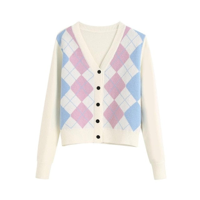 Boho Cardigan, Retro Knit Cardigan, Blue Check