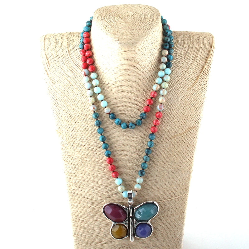 Boho Necklace, RH Crystal Butterfly Blue Natural Stone