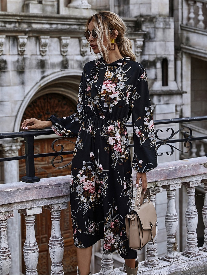 Boho Midi Dress, Black Luna Floral Dress