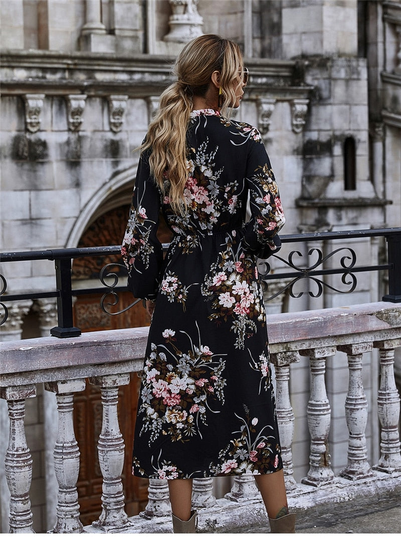 Boho Midi Dress, Black Luna Floral Dress
