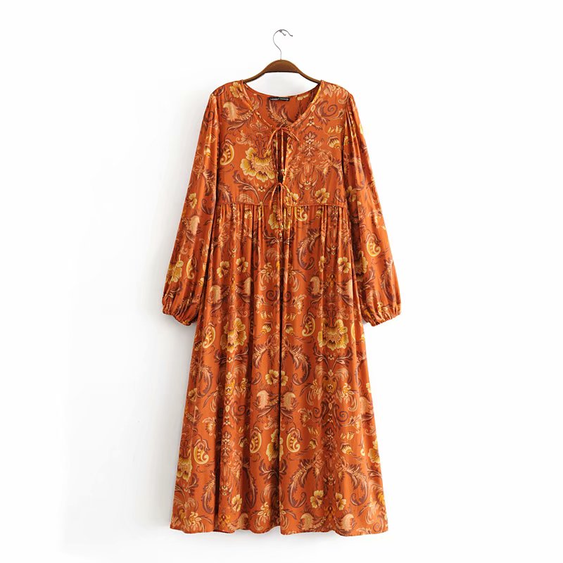 Gown Dress, Boho Maxi Dress, Loose Dress, Green and Copper Anna Vintage Rose
