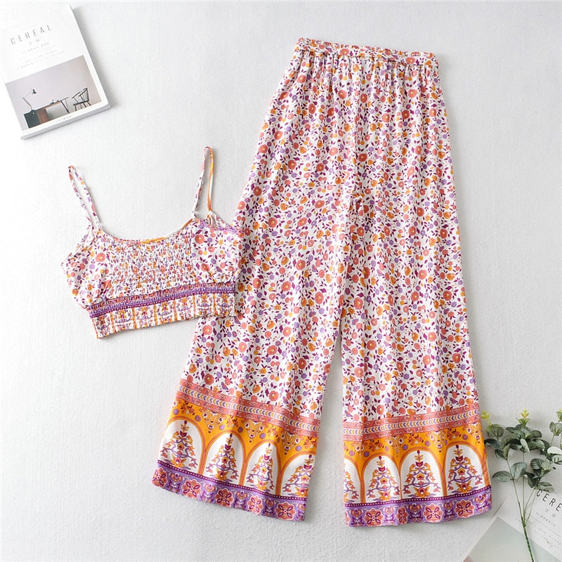 Boho Two Piece Set, Two Piece Pants Set, Pink Little Flower
