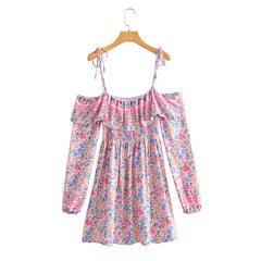 Boho Mini Dress Off  Shoulder Sundress, Pastel Pink  Rose