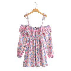 Boho Mini Dress Off  Shoulder Sundress, Pastel Pink  Rose
