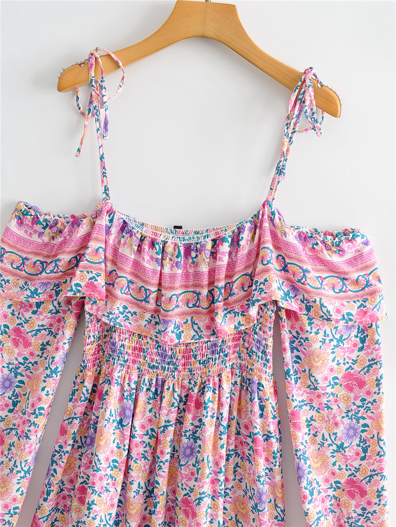 Boho Mini Dress Off  Shoulder Sundress, Pastel Pink  Rose